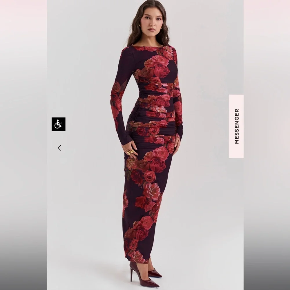 House of CB Lanetta Ruched Long Sleeve Maxi Dress Romantic Floral - Picture 3 of 9